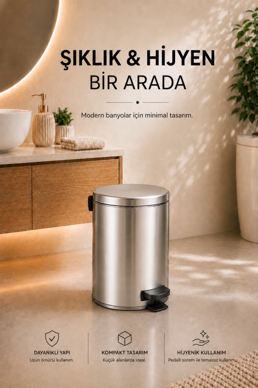 Pedallı Çöp Kovası 3 Litre İç Kovalı Kapaklı Banyo Çöp Kutusu Krom - Elit 7003 - 8