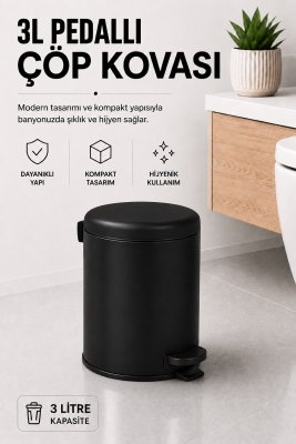Pedallı Çöp Kovası 3 Litre İç Kovalı Kapaklı Banyo Çöp Kutusu Siyah - Elit 7003 - Sas Haus