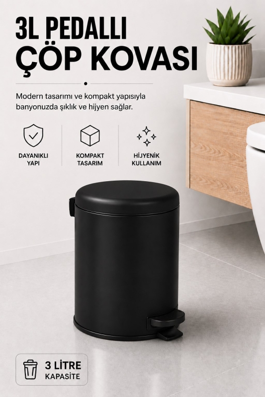 Pedallı Çöp Kovası 3 Litre İç Kovalı Kapaklı Banyo Çöp Kutusu Siyah - Elit 7003 - 1