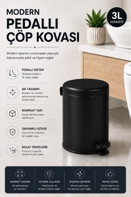 Pedallı Çöp Kovası 3 Litre İç Kovalı Kapaklı Banyo Çöp Kutusu Siyah - Elit 7003 - 2