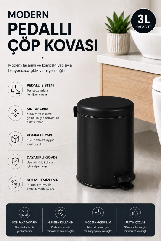 Pedallı Çöp Kovası 3 Litre İç Kovalı Kapaklı Banyo Çöp Kutusu Siyah - Elit 7003 - 2