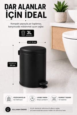 Pedallı Çöp Kovası 3 Litre İç Kovalı Kapaklı Banyo Çöp Kutusu Siyah - Elit 7003 - 3