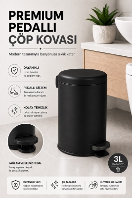Pedallı Çöp Kovası 3 Litre İç Kovalı Kapaklı Banyo Çöp Kutusu Siyah - Elit 7003 - 4
