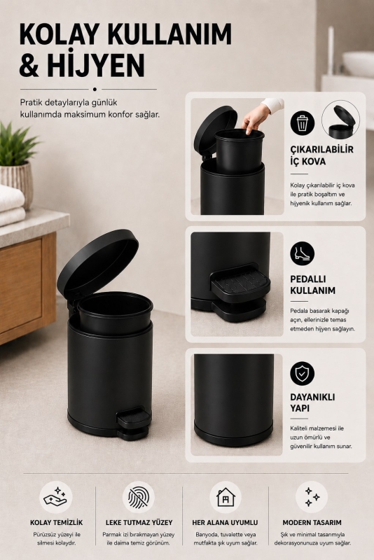 Pedallı Çöp Kovası 3 Litre İç Kovalı Kapaklı Banyo Çöp Kutusu Siyah - Elit 7003 - 5