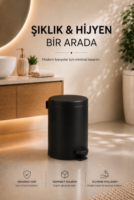 Pedallı Çöp Kovası 3 Litre İç Kovalı Kapaklı Banyo Çöp Kutusu Siyah - Elit 7003 - 8
