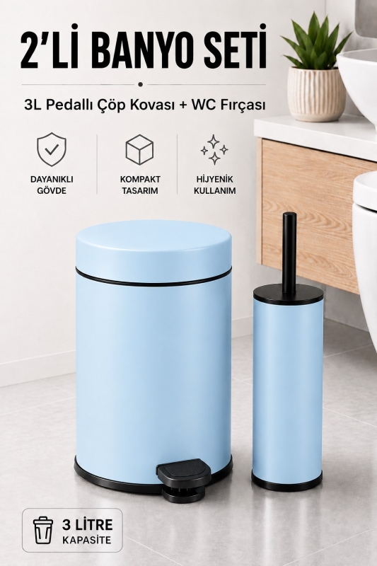 Pedallı Çöp Kovası 3 Litre İç Kovalı Kapaklı Tuvalet Fırçalı Banyo Seti Krom - Titan 7103 - 1
