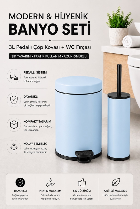 Pedallı Çöp Kovası 3 Litre İç Kovalı Kapaklı Tuvalet Fırçalı Banyo Seti Krom - Titan 7103 - 2