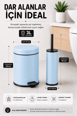 Pedallı Çöp Kovası 3 Litre İç Kovalı Kapaklı Tuvalet Fırçalı Banyo Seti Krom - Titan 7103 - 3