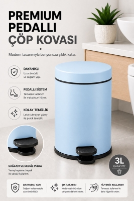 Pedallı Çöp Kovası 3 Litre İç Kovalı Kapaklı Tuvalet Fırçalı Banyo Seti Krom - Titan 7103 - 4