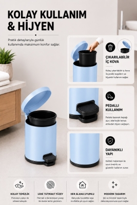 Pedallı Çöp Kovası 3 Litre İç Kovalı Kapaklı Tuvalet Fırçalı Banyo Seti Krom - Titan 7103 - 6