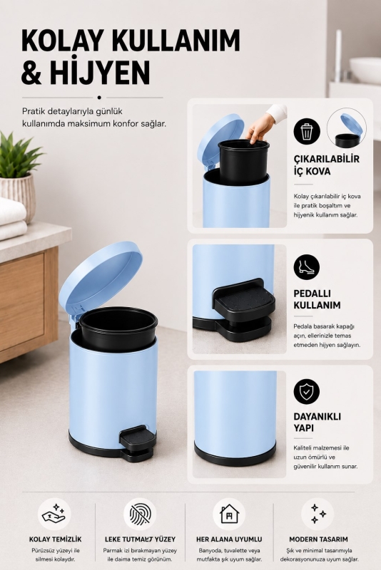 Pedallı Çöp Kovası 3 Litre İç Kovalı Kapaklı Tuvalet Fırçalı Banyo Seti Krom - Titan 7103 - 6