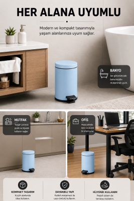 Pedallı Çöp Kovası 3 Litre İç Kovalı Kapaklı Tuvalet Fırçalı Banyo Seti Krom - Titan 7103 - 7