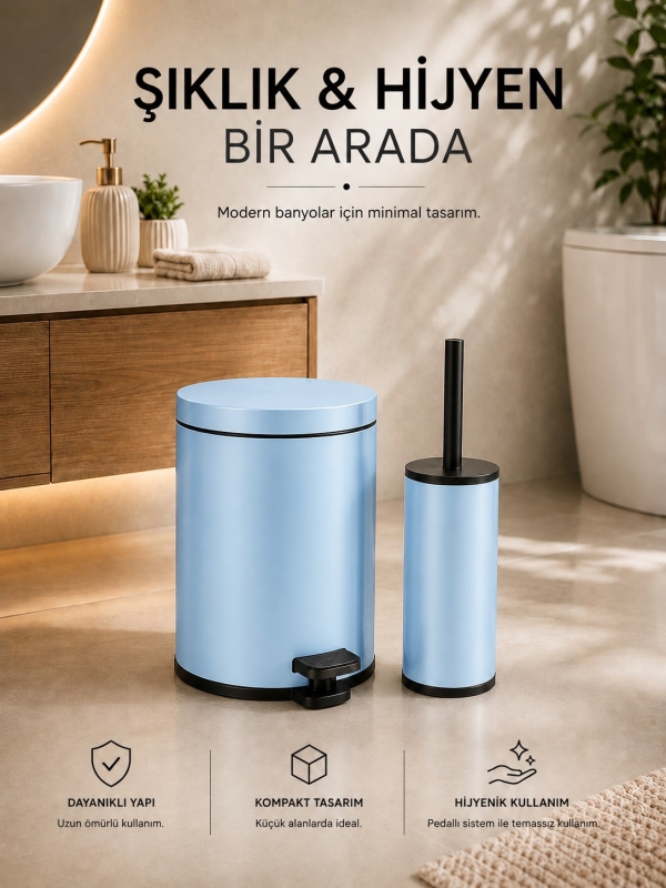 Pedallı Çöp Kovası 3 Litre İç Kovalı Kapaklı Tuvalet Fırçalı Banyo Seti Krom - Titan 7103 - 8