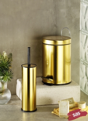 Pedallı Çöp Kovası Tuvalet Wc Fırçası Banyo Çöp Kovası 2 li Banyo Seti Gold 5 Litre - 1