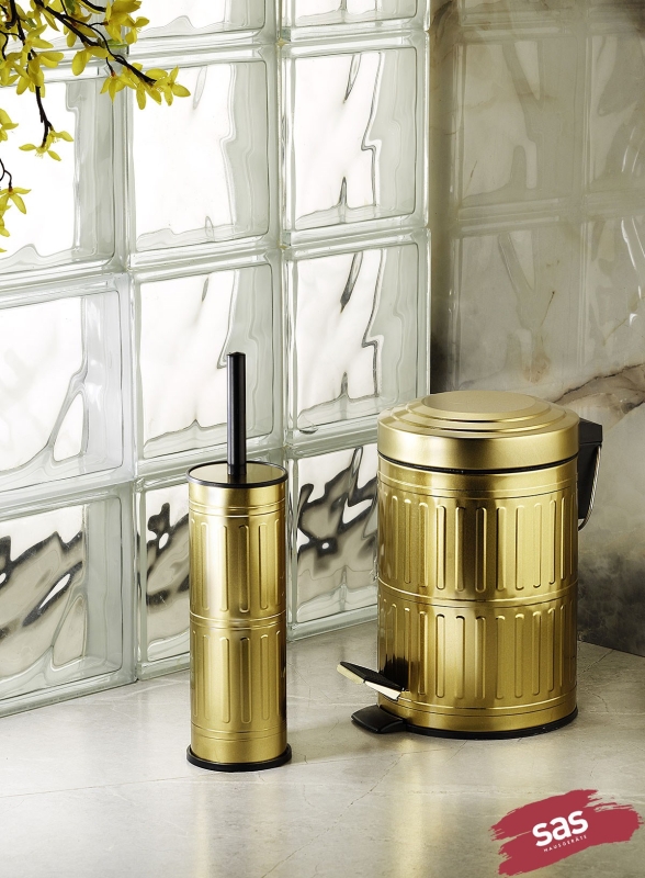 Vintage Gold 5 Lt Pedallı Çöp Kovası, Tuvalet/WC Fırçası, Banyo Çöp Kovası 2'li Banyo Seti - 1