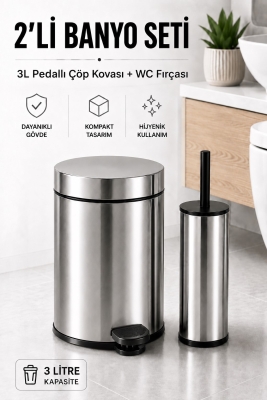 Krom 3 Lt Pedallı Çöp Kovası ve Tuvalet/WC Fırçası Banyo Seti - Sas Haus