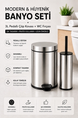 Krom 3 Lt Pedallı Çöp Kovası ve Tuvalet/WC Fırçası Banyo Seti - 2