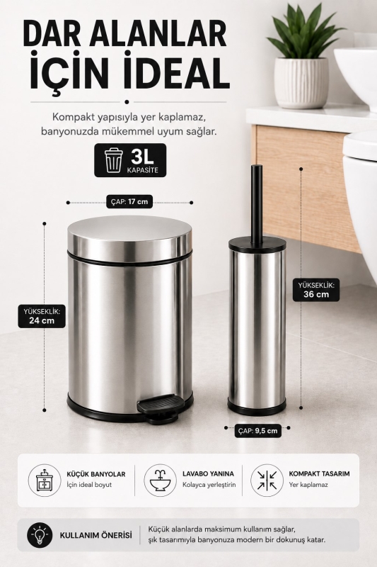 Krom 3 Lt Pedallı Çöp Kovası ve Tuvalet/WC Fırçası Banyo Seti - 3