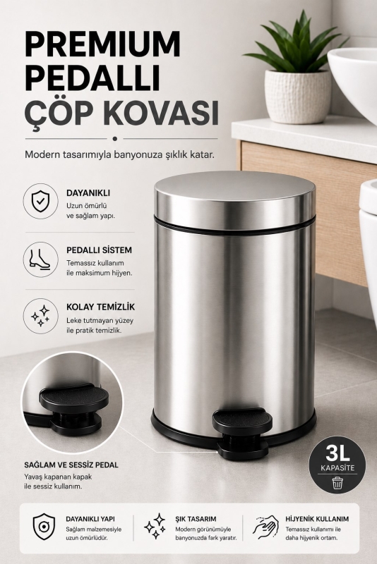 Krom 3 Lt Pedallı Çöp Kovası ve Tuvalet/WC Fırçası Banyo Seti - 4