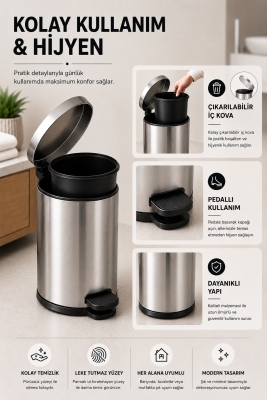 Krom 3 Lt Pedallı Çöp Kovası ve Tuvalet/WC Fırçası Banyo Seti - 6
