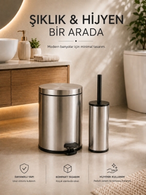 Krom 3 Lt Pedallı Çöp Kovası ve Tuvalet/WC Fırçası Banyo Seti - 8