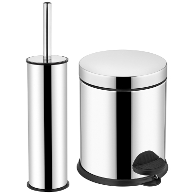 Krom 2 Parça Banyo Seti - 5LT Pedallı Banyo Çöp Kovası, Tuvalet/WC, Klozet Fırçası Seti - 7
