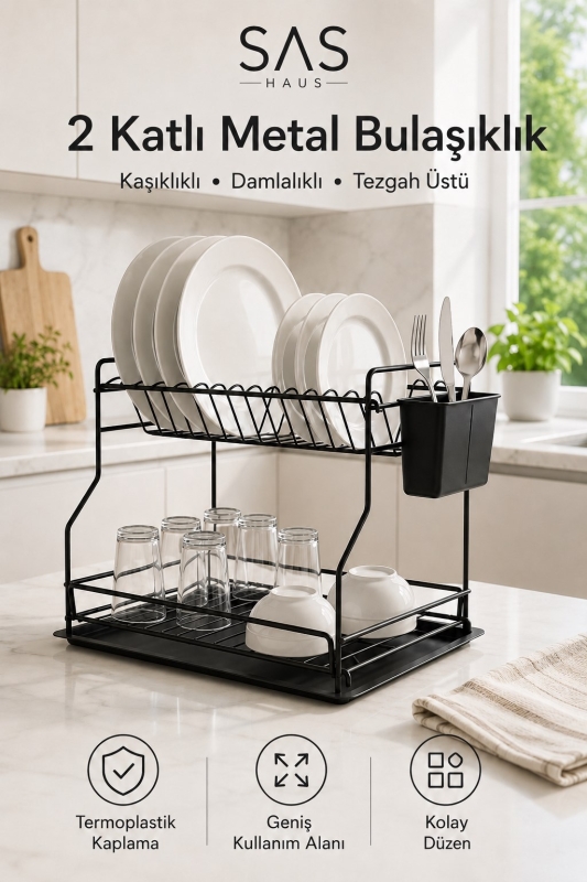 SAS Haus 2 Katlı Metal Bulaşıklık Kaşıklıklı ve Damlalıklı Tezgâh Üstü Bulaşık Kurutmalık DTB-02 - 1