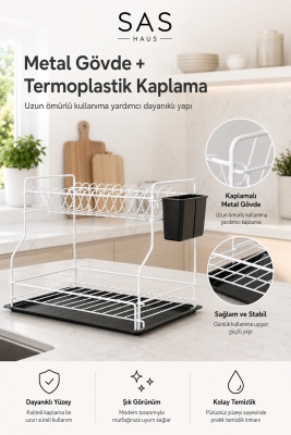 SAS Haus 2 Katlı Metal Bulaşıklık Kaşıklıklı ve Damlalıklı Tezgâh Üstü Bulaşık Kurutmalık DTB-02 - 3
