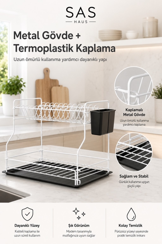 SAS Haus 2 Katlı Metal Bulaşıklık Kaşıklıklı ve Damlalıklı Tezgâh Üstü Bulaşık Kurutmalık DTB-02 - 3