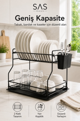 SAS Haus 2 Katlı Metal Bulaşıklık Kaşıklıklı ve Damlalıklı Tezgâh Üstü Bulaşık Kurutmalık DTB-02 - 4
