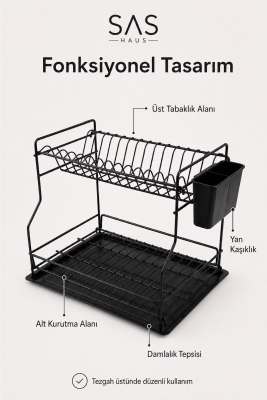 SAS Haus 2 Katlı Metal Bulaşıklık Kaşıklıklı ve Damlalıklı Tezgâh Üstü Bulaşık Kurutmalık DTB-02 - 5