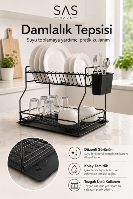 SAS Haus 2 Katlı Metal Bulaşıklık Kaşıklıklı ve Damlalıklı Tezgâh Üstü Bulaşık Kurutmalık DTB-02 - 6