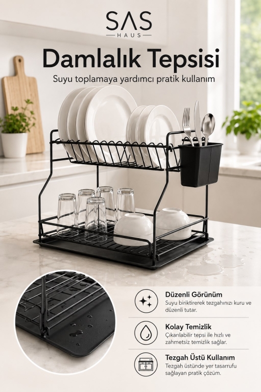SAS Haus 2 Katlı Metal Bulaşıklık Kaşıklıklı ve Damlalıklı Tezgâh Üstü Bulaşık Kurutmalık DTB-02 - 6