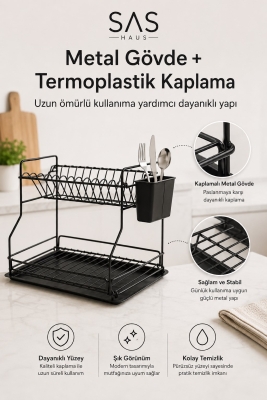 SAS Haus 2 Katlı Metal Bulaşıklık Kaşıklıklı ve Damlalıklı Tezgâh Üstü Bulaşık Kurutmalık DTB-02 - 8