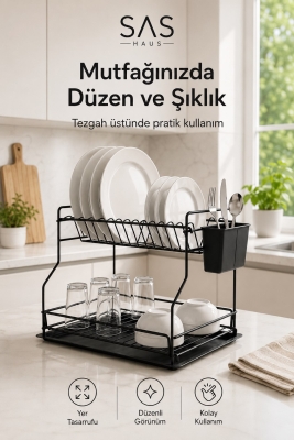 SAS Haus 2 Katlı Metal Bulaşıklık Kaşıklıklı ve Damlalıklı Tezgâh Üstü Bulaşık Kurutmalık DTB-02 - 9
