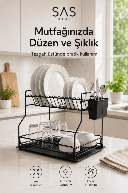 SAS Haus 2 Katlı Metal Bulaşıklık Kaşıklıklı ve Damlalıklı Tezgâh Üstü Bulaşık Kurutmalık DTB-02 - 9