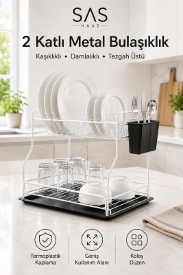 SAS Haus 2 Katlı Metal Bulaşıklık Kaşıklıklı ve Damlalıklı Tezgâh Üstü Bulaşık Kurutmalık DTB-02 - 10