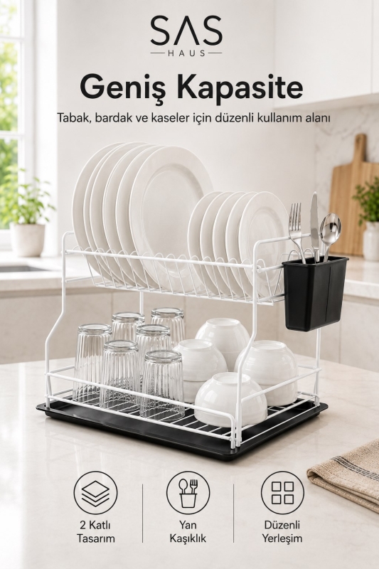 SAS Haus 2 Katlı Metal Bulaşıklık Kaşıklıklı ve Damlalıklı Tezgâh Üstü Bulaşık Kurutmalık DTB-02 - 11