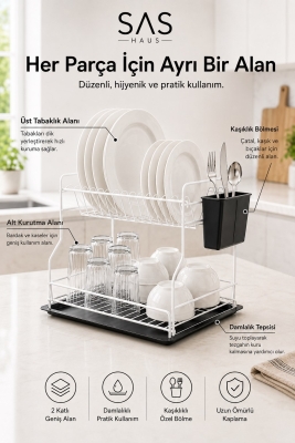 SAS Haus 2 Katlı Metal Bulaşıklık Kaşıklıklı ve Damlalıklı Tezgâh Üstü Bulaşık Kurutmalık DTB-02 - 12