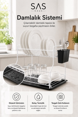 SAS Haus 2 Katlı Metal Bulaşıklık Kaşıklıklı ve Damlalıklı Tezgâh Üstü Bulaşık Kurutmalık DTB-02 - 13