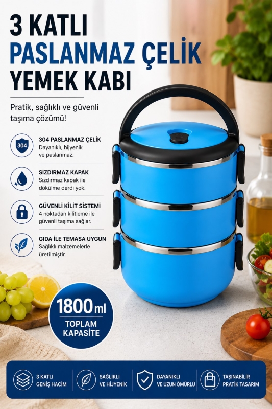 SAS HAUS 3 Katlı Paslanmaz Çelik Yemek Kabı 1800 ML Sızdırmaz Kapaklı Taşınabilir Lunch Box - 1