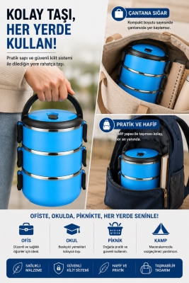 SAS HAUS 3 Katlı Paslanmaz Çelik Yemek Kabı 1800 ML Sızdırmaz Kapaklı Taşınabilir Lunch Box - 2