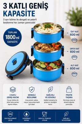 SAS HAUS 3 Katlı Paslanmaz Çelik Yemek Kabı 1800 ML Sızdırmaz Kapaklı Taşınabilir Lunch Box - 3