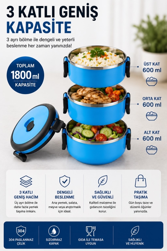 SAS HAUS 3 Katlı Paslanmaz Çelik Yemek Kabı 1800 ML Sızdırmaz Kapaklı Taşınabilir Lunch Box - 3