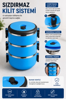 SAS HAUS 3 Katlı Paslanmaz Çelik Yemek Kabı 1800 ML Sızdırmaz Kapaklı Taşınabilir Lunch Box - 4