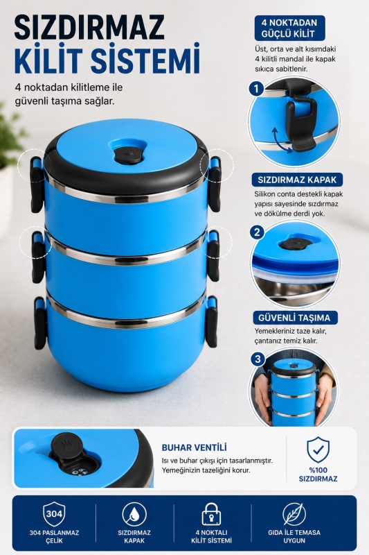 SAS HAUS 3 Katlı Paslanmaz Çelik Yemek Kabı 1800 ML Sızdırmaz Kapaklı Taşınabilir Lunch Box - 4