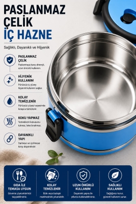 SAS HAUS 3 Katlı Paslanmaz Çelik Yemek Kabı 1800 ML Sızdırmaz Kapaklı Taşınabilir Lunch Box - 5