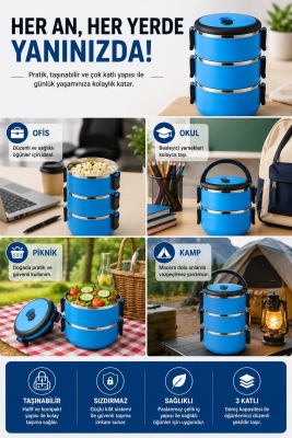 SAS HAUS 3 Katlı Paslanmaz Çelik Yemek Kabı 1800 ML Sızdırmaz Kapaklı Taşınabilir Lunch Box - 6