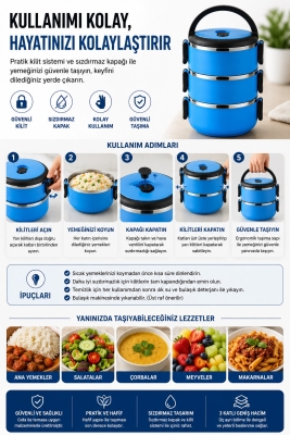 SAS HAUS 3 Katlı Paslanmaz Çelik Yemek Kabı 1800 ML Sızdırmaz Kapaklı Taşınabilir Lunch Box - 7