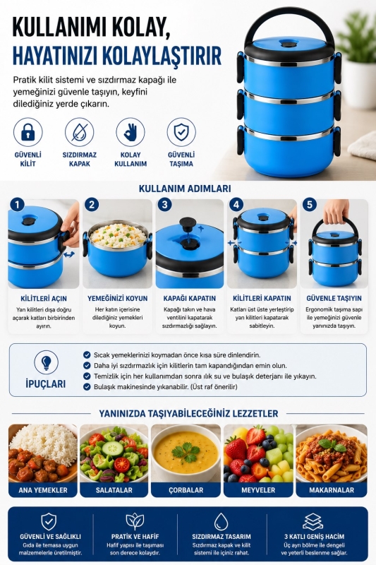 SAS HAUS 3 Katlı Paslanmaz Çelik Yemek Kabı 1800 ML Sızdırmaz Kapaklı Taşınabilir Lunch Box - 7